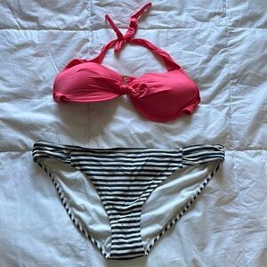Pink Halter Bikini Top with Striped Bottom